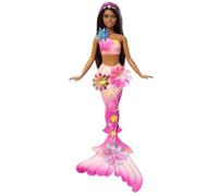 Barbie Poupée Sirène Fleur Magique avec éclosion de Fleurs Surprise, queues en dégradé de Couleurs, Serre-tête perlé et Longs Cheveux Bruns avec mèches Violettes, JDM73