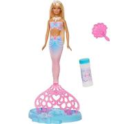 Barbie Sirène Scintillante à Bulles Poupée à Longue Chevelure Blonde aux mèches colorées avec Fonction pour Faire des Bulles, Plateau et Brosse à Cheveux, JLW56