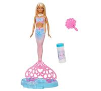 Barbie Sirène Scintillante à Bulles Poupée à longue chevelure blonde aux mèches colorées avec fonction pour faire des bulles, savon à bulles, plateau et brosse à cheveux, JLW56