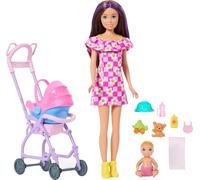 Barbie Skipper Baby-Sitter Coffret avec poupée Brune, poupée bébé Blonde, Poussette avec siège Auto Amovible et 7 Accessoires, JJB42