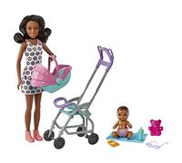 Barbie Skipper Babysitters Inc. Ensemble de Jeu avec poupée Babysitter (Cheveux Bruns bouclés), Poussette, poupée et 5 Accessoires, Jouet pour Enfants de 3 Ans et Plus