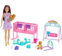 Barbie Skipper et coffret soins bébé avec accessoires | avec accessoires, deux poupées bébés jumelles, un berceau, une balançoire à bascule et plus, HXM99