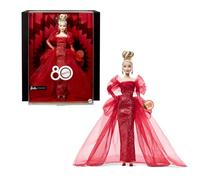 Barbie Spécial 80ème Anniversaire de Mattel Poupée emblématique à collectionner dans une robe en tulle rouge pailletée avec pendants d’oreilles et gants transparents, blonde, JBJ17