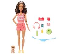 Barbie Poupée Style Coureuse avec Ensemble Rose, Chiot et 9 Accessoires, Dont Un Sac Banane, Une visière et des Lunettes de Soleil, JNM28