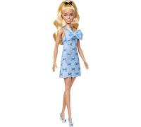 Barbie Poupée Fashionistas – robe dos nu bleu, queue-de-cheval blonde, nœud noir, talons bleus
