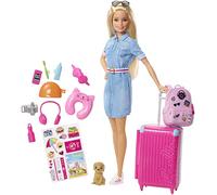 Barbie - Voyage - Coffret avec Poupée et Chien - Valise, Caisse de Transport, Tenue et Autocollants - Plus de 10 Accessoires - Cadeau dès 3 Ans, FWV25