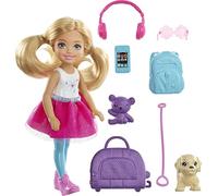 Barbie Voyage Mini-poupée Chelsea Blonde, avec Un Chien, Sac de Voyage et Accessoires, Jouet pour Enfant, FWV20