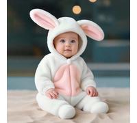 Barboteuse à capuche en tissu peluche pour nouveau-né avec mignons oreilles de lapin 3D, tenue d'hiver à manches longues et pantalon long pour enfants 6-9M,0-1M,1-3M,3-6MUnicoloreFlanelle