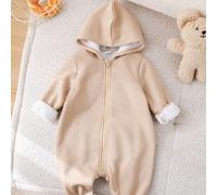 Barboteuse à capuche en tricot épais et doux brossé kaki pour bébé garçon/fille, polyvalente pour le port intérieur et extérieur, automne/hiver 6-9M,9-12M,12-18M,18-24M,2-3Y,0-1M,1-3M,3-6MUnicolorePol