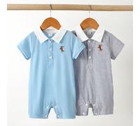 Barboteuse à col polo décontracté à manches courtes avec broderie de chevalier pour bébé garçon 6-9M,9-12M,12-18M,18-24M,2-3Ygraphique,RayéPolyester,Rayonne