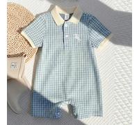 Barboteuse à manches courtes verte à imprimé pied-de-poule mignon, convenant aux bébés garçons/filles nouveau-nés, unisexe, pour le printemps/l'été 6-9M,9-12M,12-18M,18-24M,2-3Y,0-1M,1-3M,3-6MCarreauÉ