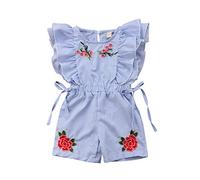Barboteuse Bébé Fille Grenouillère Jumpsuit Rayé Brodée de Fleurs Combinaison Body sans Manches à Volants Petite Fille Short Taille Élastique Été Tenue pour Enfante 1-5 Ans (Bleu, 3-4 Ans)