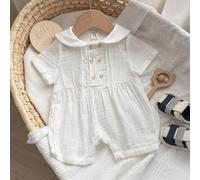 Barboteuse bébé garçon à col Peter Pan de couleur unie à manches courtes avec short, polyvalente et décontractée 6-9M,9-12M,12-18M,18-24M,2-3Y,0-1M,1-3M,3-6MUnicoloreÉtoffe