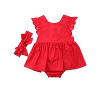 Barboteuse de Noël pour bébé fille dentelle sans manches tutu body tenue de Noël + bandeau Mes premiers vêtements de Noël, rouge, 6-12 mois
