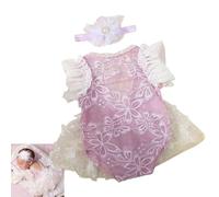 Barboteuse en dentelle pour nouveau-né fille avec bandeau floral en tissu tricoté doux pour 0 à 1 mois, cadeau de fête prénatale, accessoires photo, barboteuse faite à la main pour photographie de