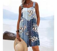 Barboteuse florale sans manches avec bretelles boutonnées pour femme - Combinaison courte une pièce - Tenue de vacances d'été décontractée - Bleu