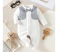 Barboteuse nœud papillon de gentleman pour printemps/automne, ensemble combinaison bébé 2 en 1 à manches longues, tenue de rampant pour bébé d'1 an 6-9M,0-1M,1-3M,3-6MBlocs de couleurPolyester