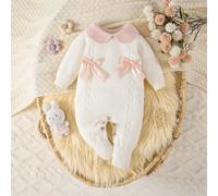 Barboteuse pour bébé fille, pull tricoté à col roulé à manches longues avec pieds, confortable pour l'automne/l'hiver, design nœud papillon fait main, élégant et , jaune et jaune clair, convient pour