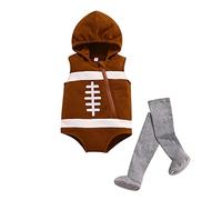 Barboteuse pour bébé - Tenue de rugby créative - Combinaison sans manches à capuche avec fermeture éclair + bas - Costume de joueur de football, marron, 18 mois