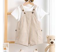 Barboteuse rayée polyvalente et décontractée pour bébé garçon nouveau-né, style été mignon 6-9M,9-12M,12-18M,18-24M,2-3Y,0-1M,1-3M,3-6MGéométrique,UnicolorePolyester