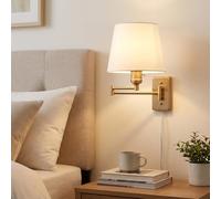 BARCELONA LED Applique Murale Clark E27 Doré Avec Bras Articulé | Aluminium et tissu, 220-240V AC, 40W max., câble 145cm avec fiche, Ø220×185×570mm, chambre, bureau et lecture