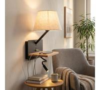 BARCELONA LED Applique murale de lecture “Artin USB+USBC” avec abat-jour E27, spot LED orientable 3W, étagère en bois et design moderne pour chambre, tête de lit et hôtels, Noir