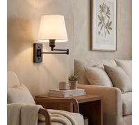 BARCELONA LED Applique Murale Intérieure RENO avec Bras Articulé E27 - Lampe Murale Orientable avec Abat-jour en Tissu Blanc, Style Nordique Vintage Moderne pour Chambre, Salon et Lecture - Noir Mat