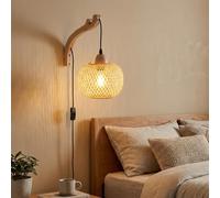 BARCELONA LED Applique murale « Phuket » en osier et bois avec prise - Luminaire décoratif d'intérieur en fibres naturelles. Style rustique et moderne. Douille E27 pour salon, chambre ou escalier.