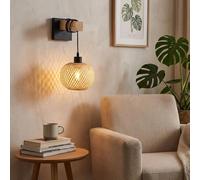 BARCELONA LED Applique murale "Shelley" avec abat-jour en rotin bambou tressé, base en métal noir, style classique, vintage, moderne et luxueux, lampe murale suspendue pour chambre