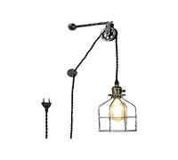 Barcelona LED Applique Murale Vintage avec Câble de Prise et Support de Lampe à Suspension à Poulie Industrielle Capuchon en Argent Cage E27