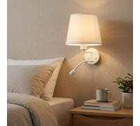 BARCELONA LED Grande Applique Murale LED avec Abat-jour Tissu Blanc et Spot Lecture Flexible 3W Double Lumière E27, Lampe Tête de Lit Chambre, Style Moderne Vintage Industriel Intérieur IP20