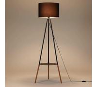 BARCELONA LED Lampadaire avec Tablette Intégrée et Trépied Mandi, Lampadaire de Salon Moderne et Vintage, Abat-jour en Tissu Noir, Trépied en Bois et Aluminium, Douille E27, Idéal Lecture