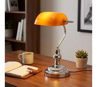 BARCELONA LED Lampe de Table Banquier Vintage E27 - Abat-jour en verre orange, corps métallique chromé, style industriel, nordique, moderne, rétro classique pour bureau, bureau et bibliothèque