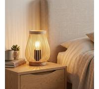 BARCELONA LED Lampe de Table en Bois Naturel avec Abat-jour en Bambou et Rotin, Base en Bois Massif, Style Vintage et Moderne, Lumière Chaude E27, Design Japandi Minimaliste pour Chambre et Salon