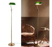 BARCELONA LED Lampe Sur Pied Vintage BANQUERO - Abat-jour en Verre Vert Orientable, Interrupteur à Chaînette, Laiton Vieilli, Style Classique pour Salon Bureau, E27