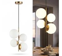 BARCELONA LED Suspension avec 4 Boules en Verre Opalin Blanc, Corps en Métal Doré/Cuivré, Moderne et Rétro, Idéal pour Chambre, Bureau, Escalier, Salle à Manger, Café, Hall