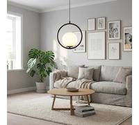 BARCELONA LED Suspension "Kate" avec anneau noir et globe en verre opalin blanc, rosace ronde, câble noir réglable, grande lumière diffuse, style moderne, classique, luxueux et rétro