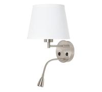 BarcelonaLed - Applique murale LED pour ampoule E27, avec spot de lecture orientable et flexible de 1 W, pour chambre, chevet, table de chevet, avec abat-jour en textile blanc et deux interrupteurs