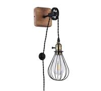BarcelonaLED Applique Murale Vintage Bois avec Prise de Câble et Interrupteur Poulie Industrielle Suspendue Support de Lampe Cage E27 Socket