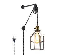 BarcelonaLED Applique Murale Vintage Industrielle avec Prise de Câble Interrupteur Poulie Suspension Cage Noir e27 pour Chambre Salon