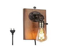 BarcelonaLED Applique Murale Vintage Industrielle Bois Pendentif Poignée avec Bouton Interrupteur et Prise de Cordon pour E27 Ampoule Salon Chambre Lit