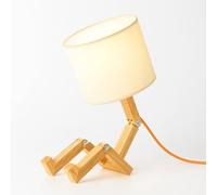 BarcelonaLED Lampe de Table Nordique Bois Creative Robot Articulé Poupée avec Abat-Jour en Tissu Blanc avec Étagère à Livres pour Chambre d'Étude de Chevet Jeunes Enfants