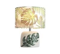 BarcelonaLED Lampe en céramique de table nordique verte avec motif monstera délicieux en Relieve et abat-jour textile pour ampoule LED E27 Bureau salon table de nuit
