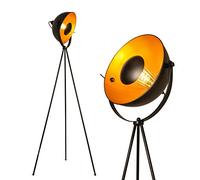 BarcelonaLED Lampe sur pied trépied projecteur métallique noir avec spot réfléchissant doré Décoration vintage nordique rétro avec interrupteur sur pied pour ampoule E27 Salon, Chambre et studio