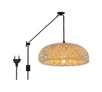 BarcelonaLED Plafonnier Suspension Osier Bambou Rotin avec Cordon Prise Interrupteur Mural Vintage Poulie pour Cuisine Salon