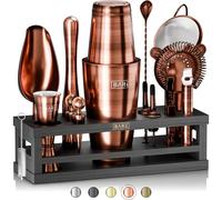 BARE BARREL® Kit de fabrication de cocktails | 16 pièces pour barman | Présentoir en bambou et 35 cartes de recettes | Coffret cadeau Mixology Cocktail (800 ml, shaker Boston, cuivre/noir)