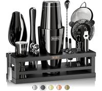 BARE BARREL® Kit de fabrication de cocktails | 16 pièces pour barman | Présentoir en bambou et 35 cartes de recettes | Coffret cadeau Mixology Cocktail (800 ml/793,8 g, noir de jais/noir)
