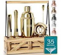 BARE BARREL® Kit de fabrication de cocktails à martini | Kit de barman avec shaker à cocktails | Caddy portable rustique rustique et 35 cartes de recettes | Coffret cadeau Mixology (doré)
