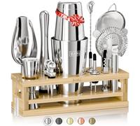 BARE BARREL® Kit de Fabrication de Cocktails | Ensemble de 16 Pièces pour Barman avec Shaker à Cocktail | Support d'affichage en Bambou & 35 Cartes de Recettes | Ensemble Cadeau de Mixologie (Shaker