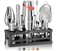 BARE BARREL® Kit de Fabrication de Cocktails | Ensemble de 16 Pièces pour Barman avec Shaker à Cocktail | Présentoir en Bambou et 35 Cartes de Recettes | Ensemble Cadeau de Mixologie (Shaker Boston de